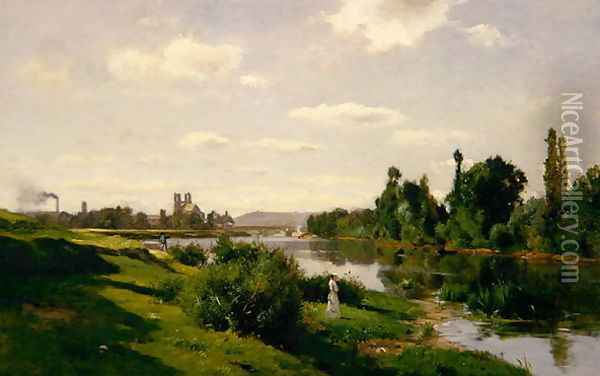 The River Seine at Mantes, c.1856 Oil Painting - Charles-Francois Daubigny