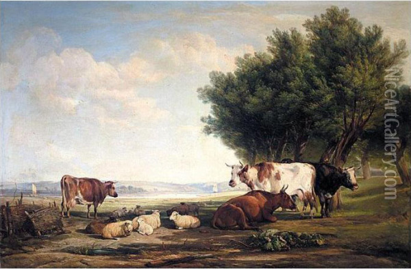 Cattle And Sheep In A River Landscape Oil Painting - Henry Brittan Willis