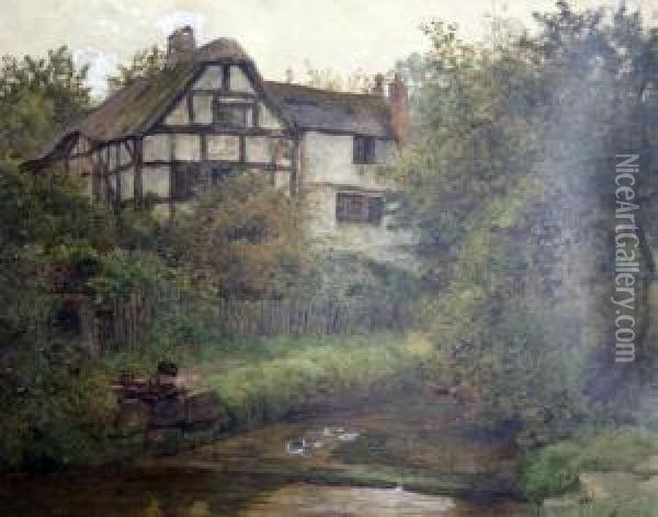 Boy And Ducks With Cottage Beyond Oil Painting - Wilmot Clifford Pilsbury