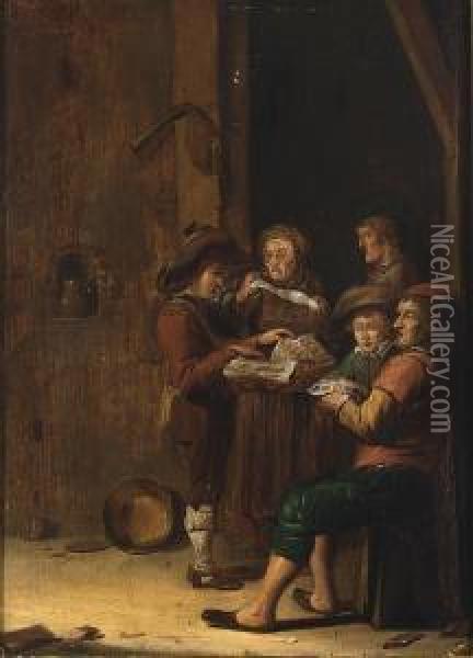 Five Figures In A Barn Interior Singing Oil Painting - Benjamin Gerritsz. Cuyp