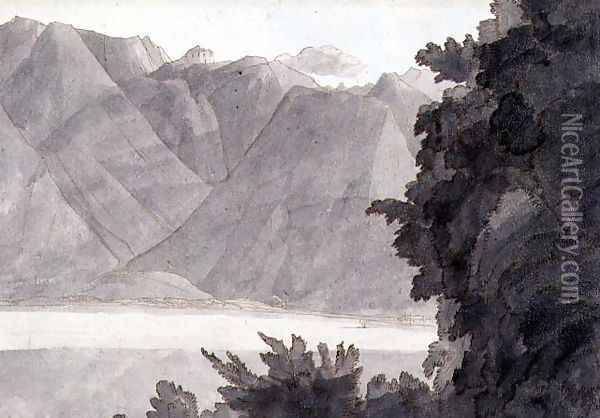 Head of Lake Geneva, pen & ink & wash on paper Oil Painting - Francis Towne