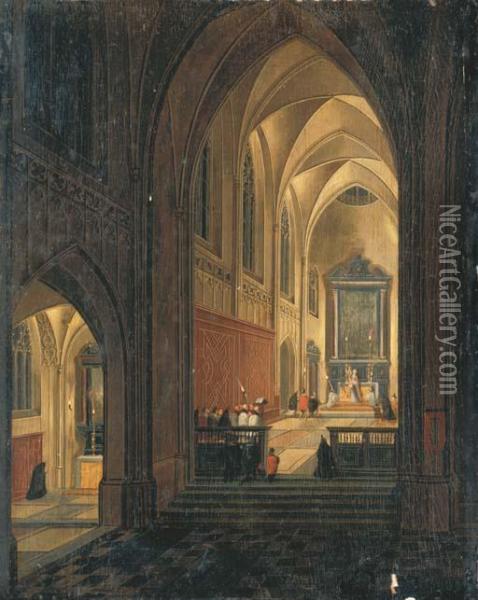 A Nightime Interior Of A Cathedral With A Priest Celebratingmass Oil Painting - Pieter Ii Neefs