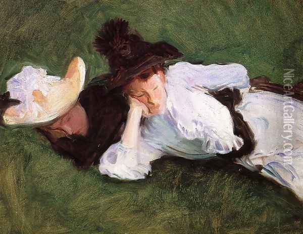 Two Girls Lying on the Grass Oil Painting - John Singer Sargent