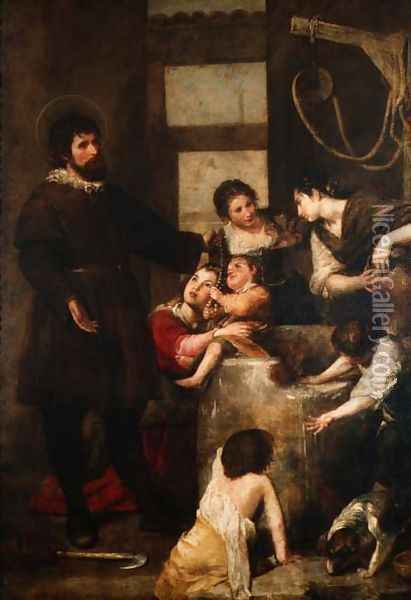 St. Isidore saves a child that had fallen in a well, 1646-48 Oil Painting - Alonso Cano