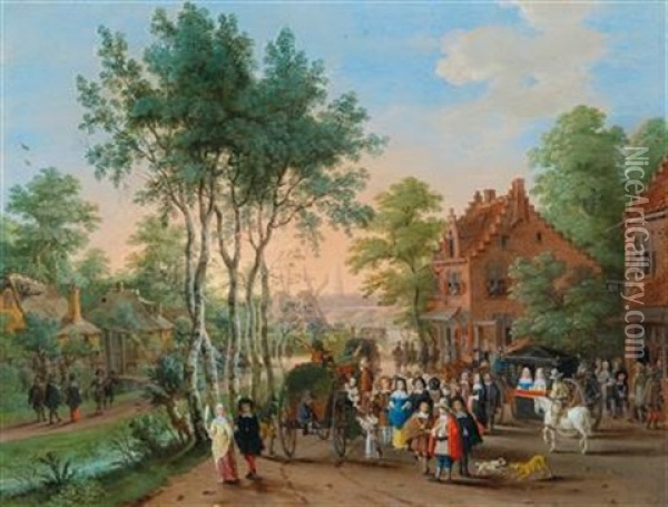Elegant Travellers Visiting A Village By A River Oil Painting - Peter Gysels