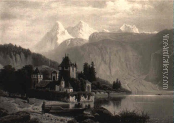 Alpenseelandschaft - Am Ufer Eine Burganlage Oil Painting - Theodor (Wilhelm T.) Nocken