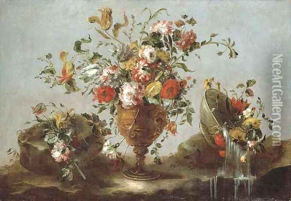 Roses, peonies and tulips in a gold sculpted urn with flowers in a pewter bowl by a rock pool Oil Painting - Francesco Guardi