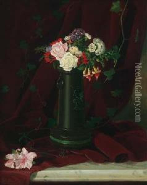 Floral Still Life On A Marble Tabletop Oil Painting - Lawrence Carmichael Earle
