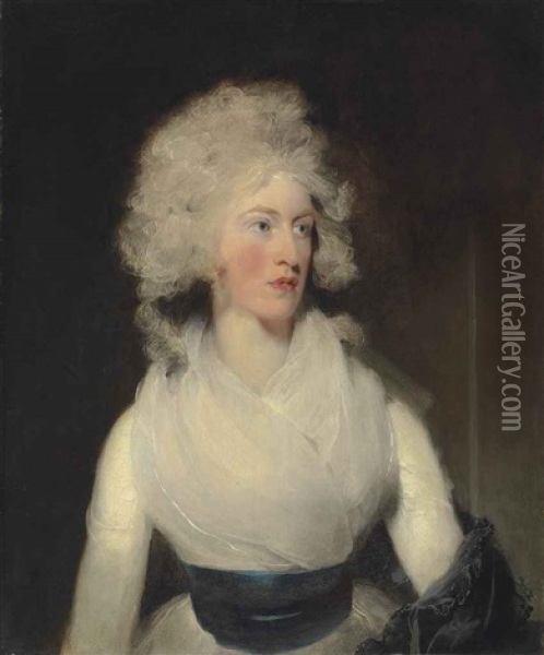 Portrait Of Emily, Lady Berkeley, Half-length, In A White Dress With A Blue Sash And Grey Shawl Oil Painting - Thomas Lawrence