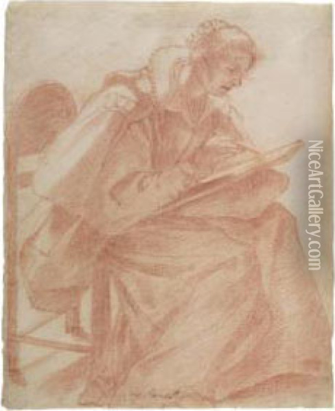A Lady Seated, Sketching Oil Painting - Lorenzo Lippi