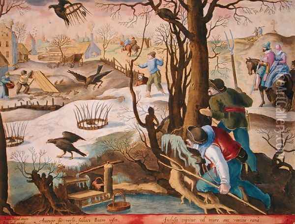 Birdcatchers Using Traps Baited with Rats to Capture Hawks, plate 64 from Venationes Ferarum, Avium, Piscium Of Hunting Wild Beasts, Birds, Fish engraved by Jan Collaert 1566-1628 published by Phillipus Gallaeus of Amsterdam Oil Painting - Giovanni Stradano
