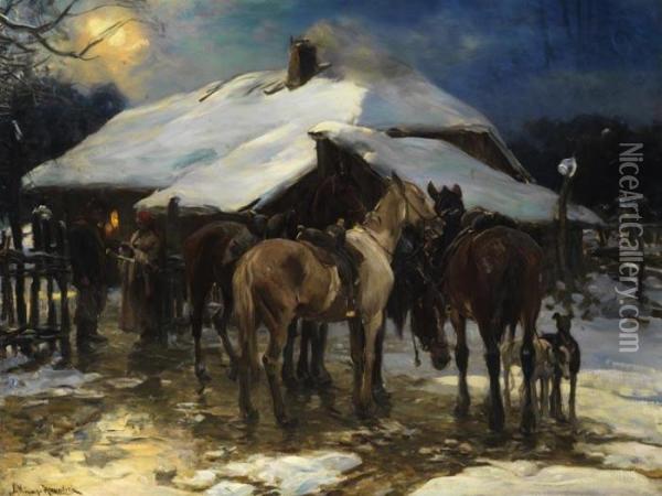 Pferdegruppe Vor Verschneitem Bauernhaus Oil Painting - Alfred Wierusz-Kowalski