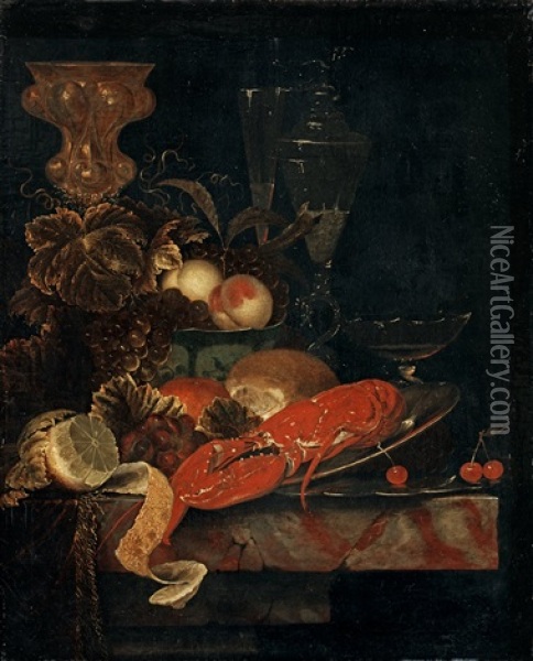 Still Life With A Lobster And Fruits Oil Painting - Ottmar Elliger the Elder