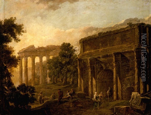 An Architectural Capriccio With Figues Among Roman Ruins Oil Painting - Hubert Robert