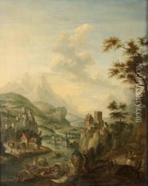 Hoglant Landskap Med Figurer Vid Borg Oil Painting - Cornelis Verdonck