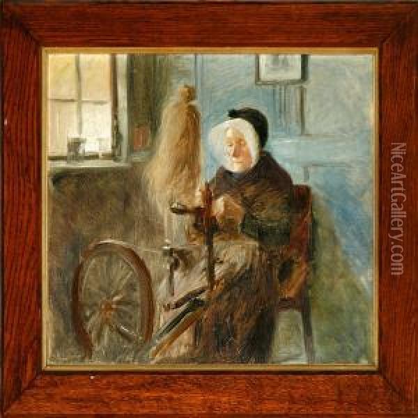 Country Interior With A Peasant Wife At Her Spinning Wheel Oil Painting - Knud Larsen