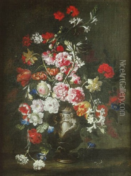 Bouquet De Fleurs Dans Un Vase En Pierre Sculpte De Bas-reliefs Representant Des Bacchanales Oil Painting - Abraham Brueghel