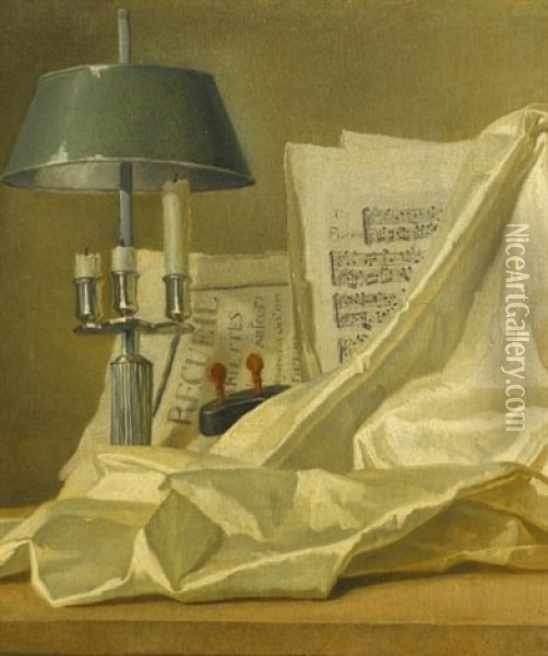 A Still Life With A Bouillette Lamp, A Sheet Of Music, A Violin And A White Satin Cloth On A Stone Ledge Oil Painting - Henri Horace Roland de la Porte