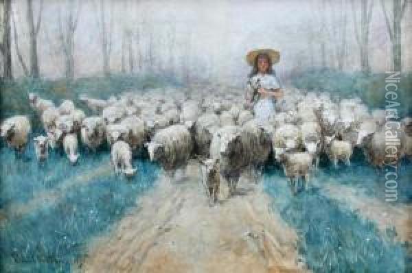 A Shepherdess With Sheep And Lambs On A Country Track Oil Painting - Edward Van Goethem