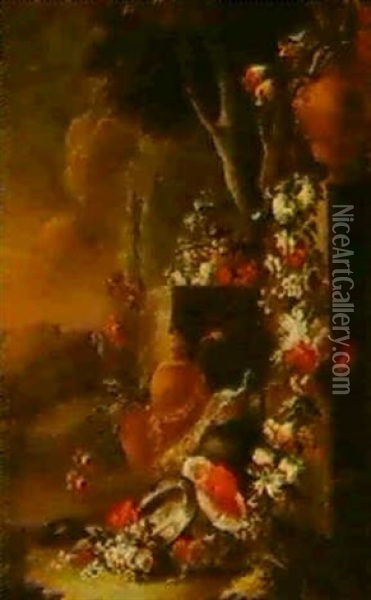 Garlands Of Flowers With A Peacock And Fruit In A Land-     Scape Oil Painting - Anna Caterina Gigli