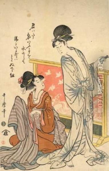 Deux Jeunes Femmes, L'une Debout, L'autre Assise Devant Un Paravent Pliant Sa Robe. Oil Painting - Kitagawa Utamaro