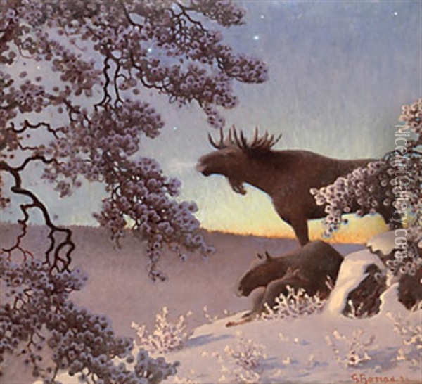 Algar I Vinterlandskap Oil Painting - Gustaf Fjaestad
