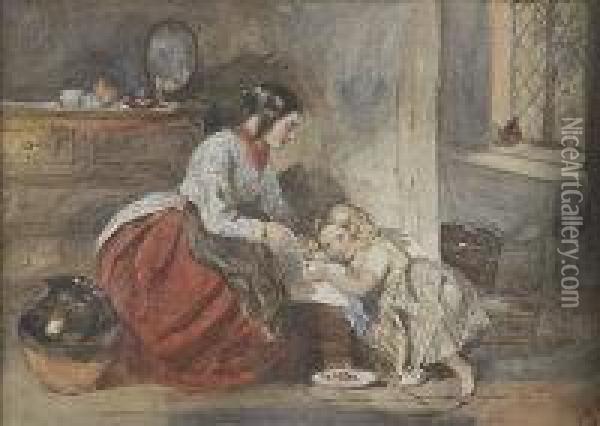 A Young Woman And Child, In An Interior Oil Painting - C.E. Francia
