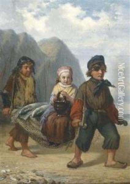 Fisher Children Returning Home With A Richcatch Oil Painting - Julius Wagner