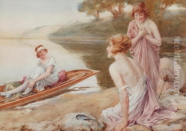 Three Young Ladies By A River, Signed, Watercolour Oil Painting - Charles MacIvor or MacIver Grierson
