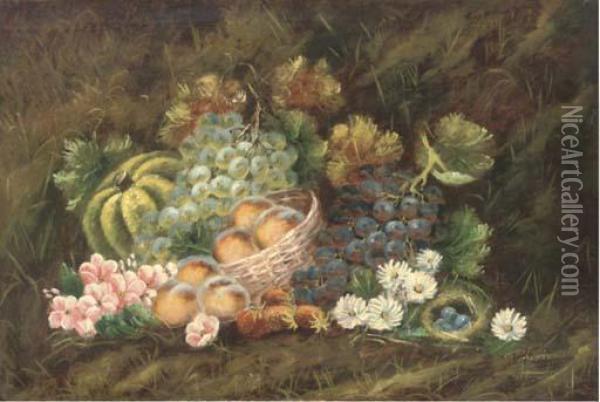 Peaches In A Basket, With Grapes, Strawberries, Flowers, A Melonand A Bird's Nest With Eggs To The Side Oil Painting - Evelyn Chester