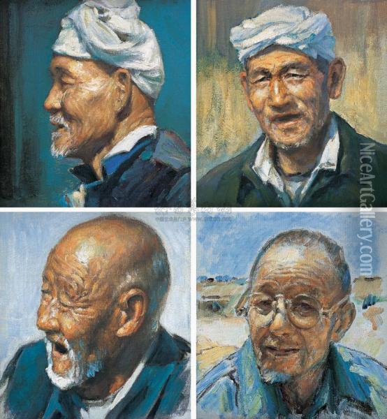 A Group Of Old Man Oil Painting - Lu Hui