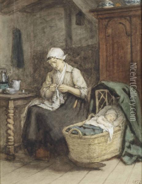Maternal Cares Oil Painting - David Adolf Constant Artz