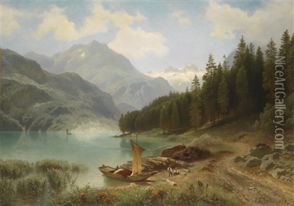 Rast Am Gebirgssee Oil Painting - August Friedrich Kessler