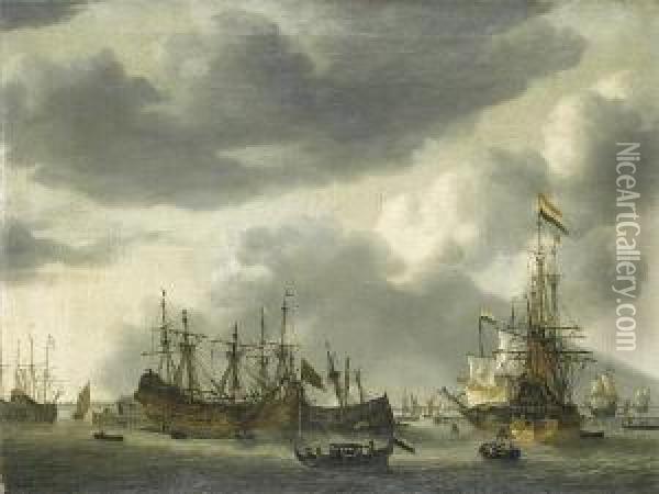 Dutch Shipping At Anchor In A Calm Oil Painting - Regnier Remigius Zeeman /