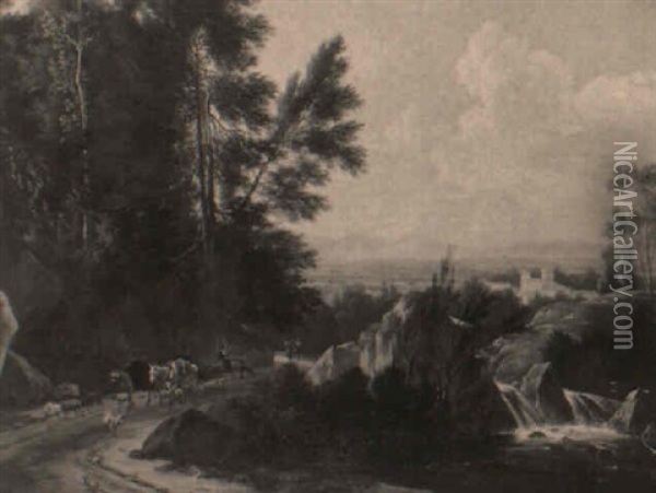 Sudliche Landschaft Mit Einem Wasserfall Und Hirtenstaffage Oil Painting - Frederick De Moucheron