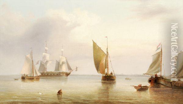 Vessels Off The Coast In Calm Waters Oil Painting - Henry Redmore