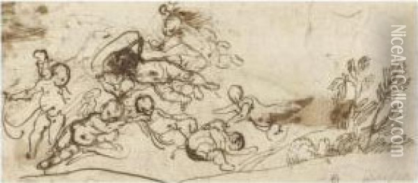 Sketches Of Putti Flying Above A Landscape Oil Painting - Pietro Testa