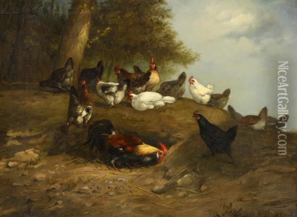 Huhnervolk Vor Einem Waldrand Oil Painting - Henry M. Schouten