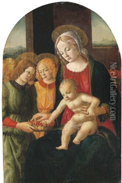 The Madonna And Child With Angels, A Landscape Beyond Oil Painting - Davide Bigordi Ghirlandajo