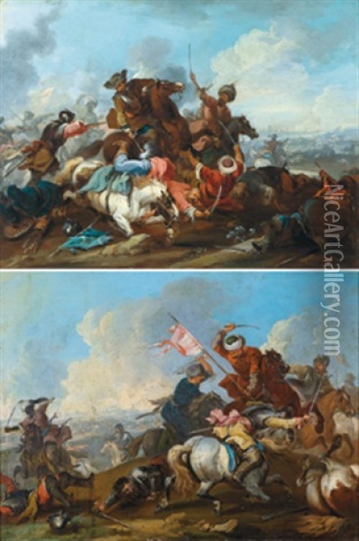 Reitergefecht Zwischen Kaiserlichen Und Turken (+ Another; Pair) Oil Painting - August Querfurt