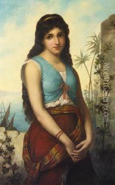 Portrait Of A Girl With A Tambourine, Against A Coastal Landscape Oil Painting - Anton Brentano