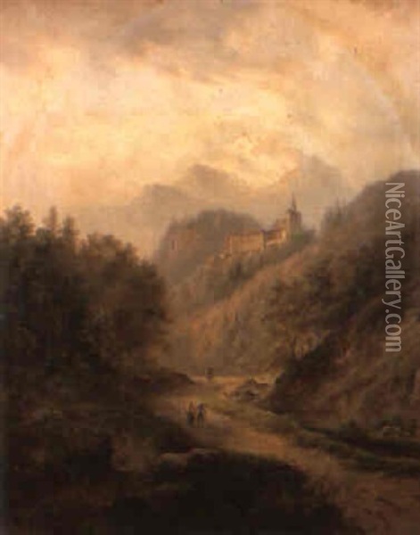 Mountainous Italianate Landscape With Peasants On A Track Oil Painting - Gustav Barbarini