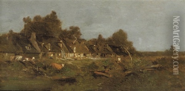 Dorpsbuurt - Daily Activities In A Village Oil Painting - Louis Adolphe Hervier