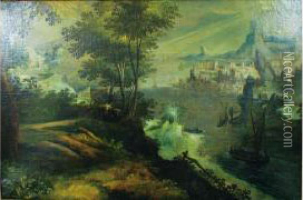 Paysage Panoramique Avec Navires Manoeuvrant Dans Un Golfe; Un Port Au Lointain. Oil Painting - Tobias van Haecht (see Verhaecht)