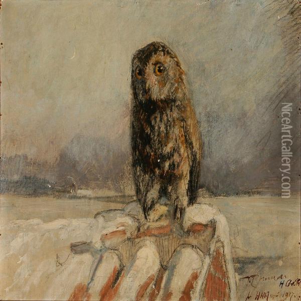 An Owl On A Roof Top Oil Painting - Hans Nikolaj Hansen