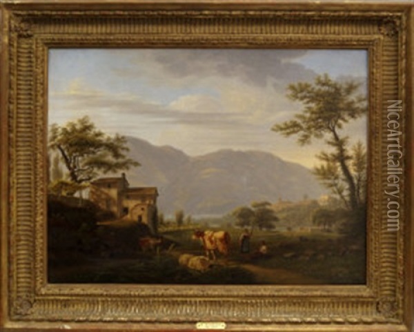 Figures Resting By A Farm House With Sheep And Cow Grazing And Mountainous Landscape Beyond Oil Painting - Samuel Birmann