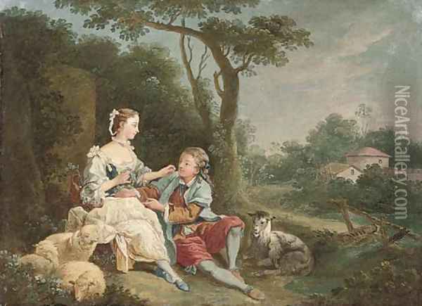 A wooded river landscape with a swain courting a shepherdess Oil Painting - Francois Boucher