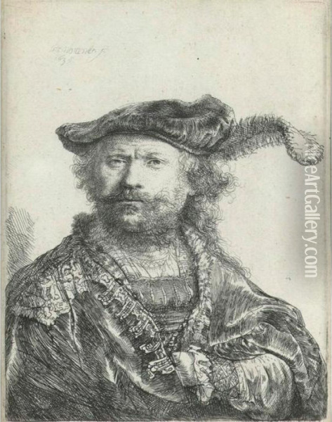 Self Portrait In A Velvet Cap With Plume (b., Holl. 20; H. 156; Bb. 38-b) Oil Painting - Rembrandt Van Rijn