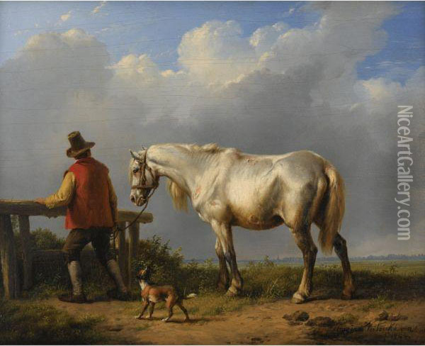 Farmhand With Horse And Dog In Landscape Oil Painting - Eugene Joseph Verboeckhoven