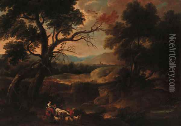 Drovers in a wooded landscape Oil Painting - Gaspard Dughet Poussin